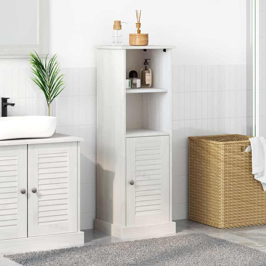 VIGO - Armadietto da bagno bianco anticato in legno di pino massiccio, 37 x 34 x 110 cm, con 4 ripiani e porta, per bagno degli ospiti, WC, spazio per ordine e ripiano