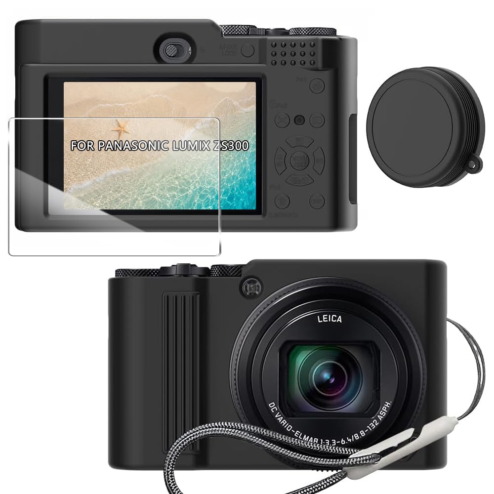 Tedubax Silicone Case for Panasonic lumix ZS300 with Removable Lens Cover and Screen Protector and a Lanyard lumix ZS300 case Anti-Slip & Anti-Scratch - Black