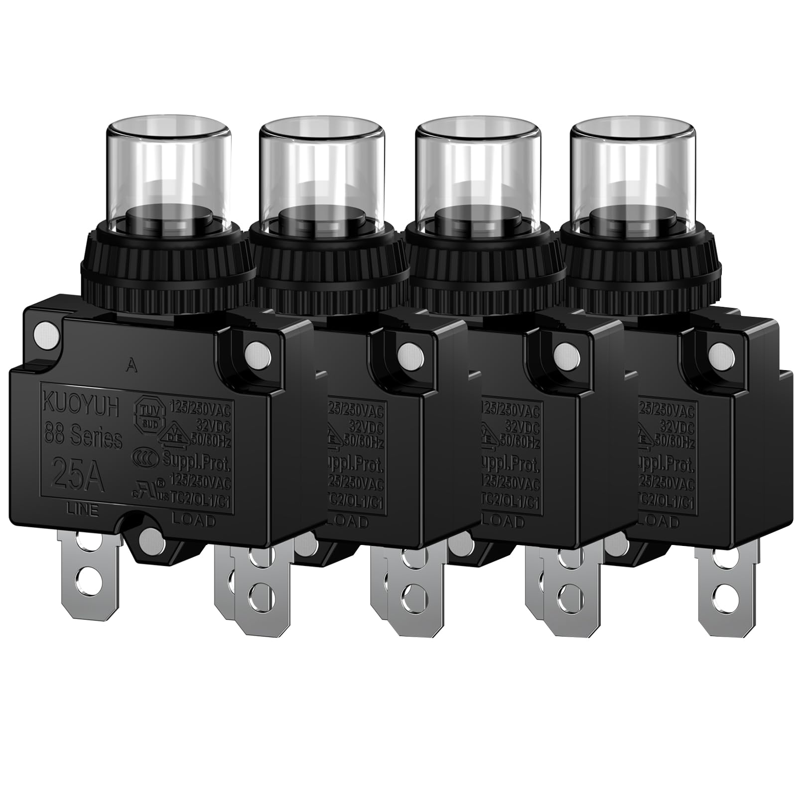 CLDIY 25-A-Leistungsschalter mit thermischem Überlastungsschutz 88 Series Manual Push Button Reset mit Schnellanschlussklemmen und wasserdichter Tastenkappe 32VDC oder 125 / 250VAC 4PCS