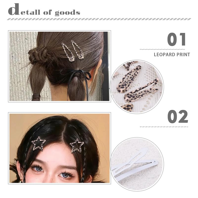 Set de 10 pinzas para el cabello con estampado de leopardo en metal, estilo Y2K con formas de estrella, corazón y gotas de agua miniatura 3