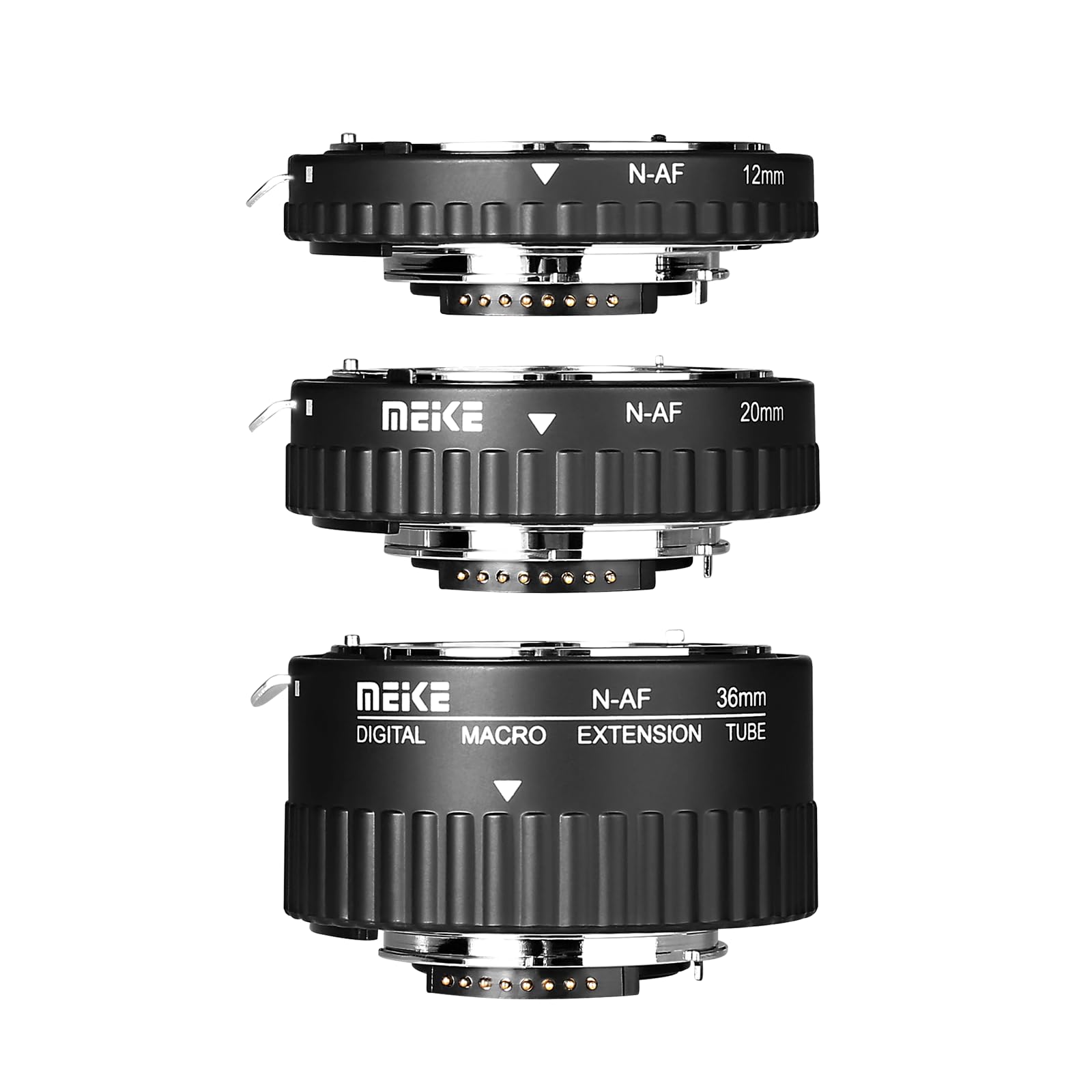 Meike MK-N-AF1-A Kit adaptateur de bague d'espacement macro en métal pour appareils photo reflex numériques Nikon (12 mm + 20 mm + 36 mm)