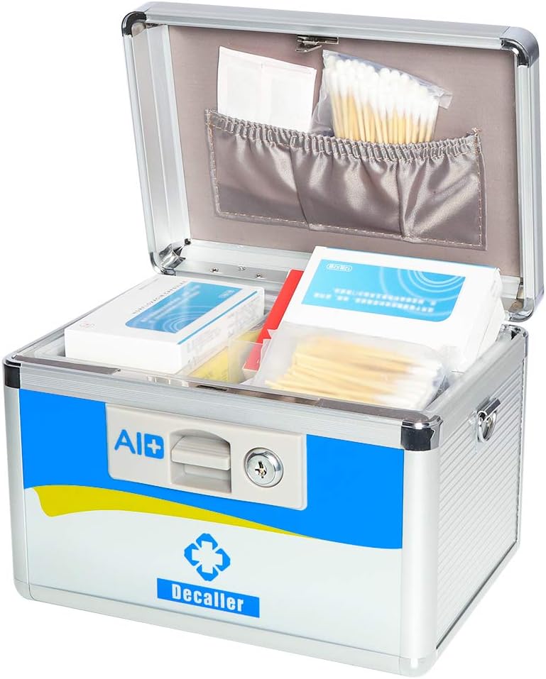 Decaller First Aid Box with Security Lock, Medical Box with Removable Tray for Storage, 10 1/2" x 7 3/5" x 7 3/5", Blue, YLX002S