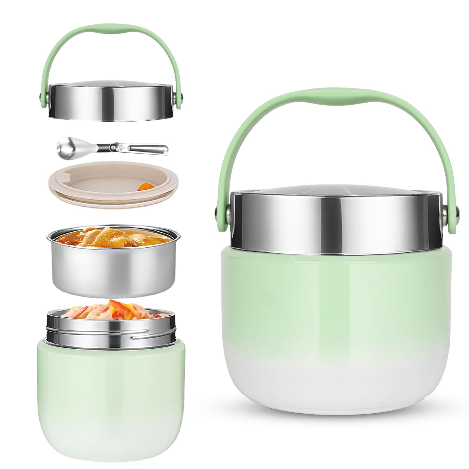 Portapranzo Termico per Alimenti 1200ml Contenitore Termico per Alimenti Caldi con Cucchiaio Pieghevole per Conservare Porridge,Zuppa,Frutta,Yogurt e Pranzi (Verde)