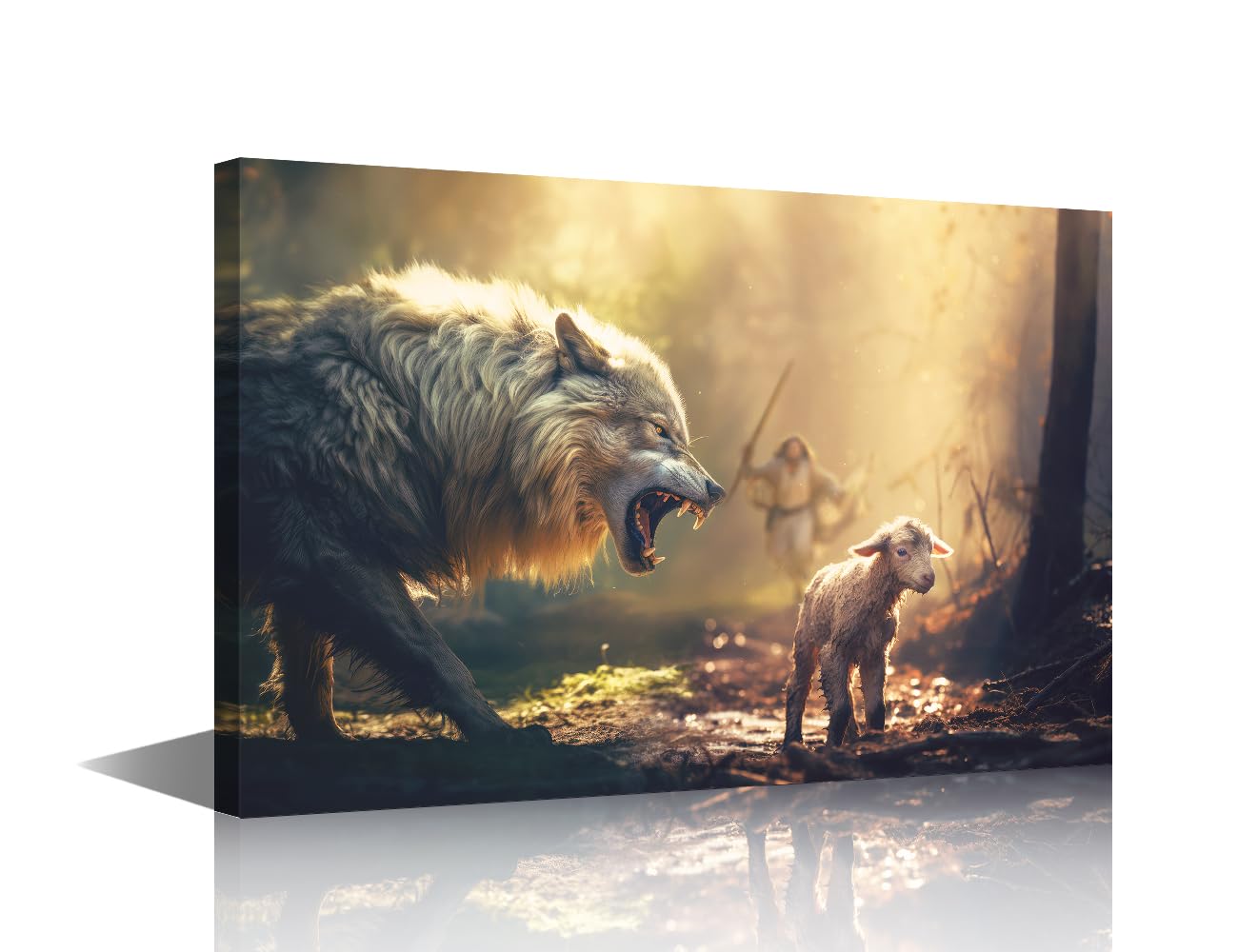TISHIRON Christian Pictures for Bedroom Wall Decor Jesus Running Towards Wolf Canvas Prints Wall Art Modern 1 Panel Wall Art Artwork for Walls Posters Stretched and Framed Ready to Hang