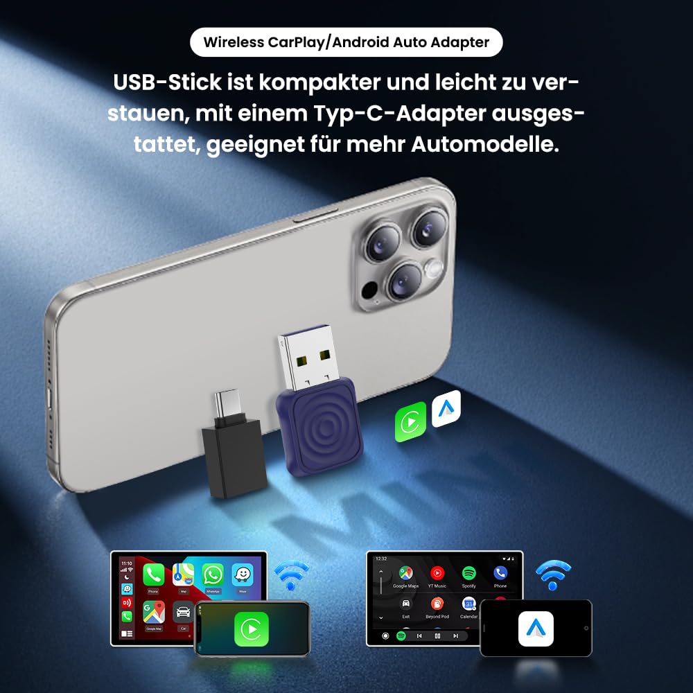 CarlinKit 2026 kabelloser CarPlay & Android Auto Adapter, Upgrade von kabelgebundener auf kabellose Verbindung, Plug & Play mit USB-A/Typ-C, Funktioniert mit iPhone iOS 10+ & Android 11.0+