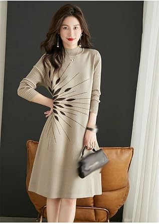 Women's Fall Winter Long Sleeve Floral Sweater Ribbed Knit Pullover Midi Dress