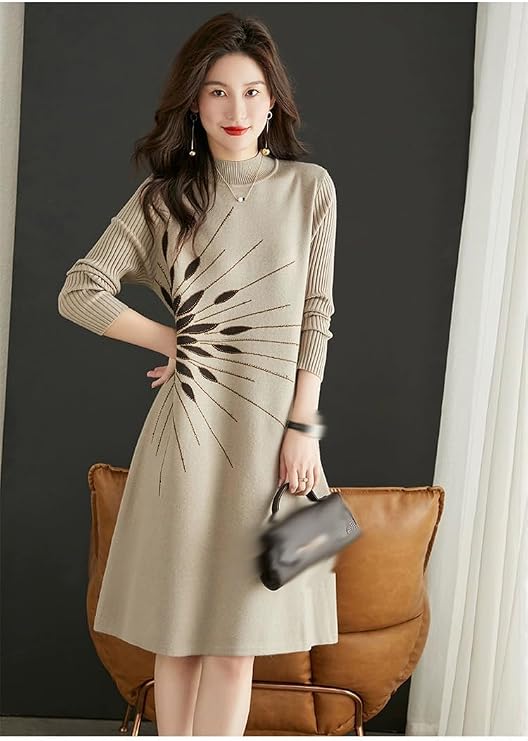 Women's Fall Winter Long Sleeve Floral Sweater Ribbed Knit Pullover Midi Dress