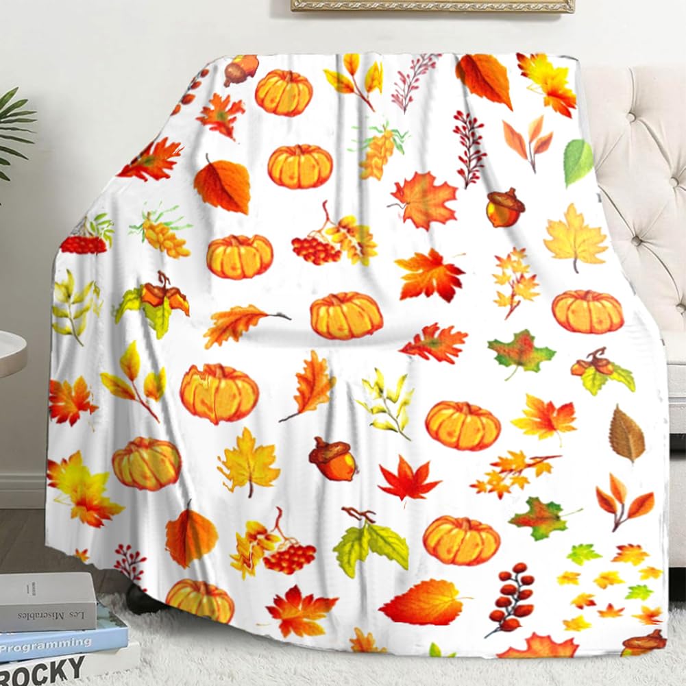 Cute Fall Throw Blanket, Soft Skin-Friendly Fall Blanket for Adults Kids Lightweight Warm Thans ksgiving Blanket Pumpkin Maple Leaves Autumn Gifts Fall Decor for Bedroom