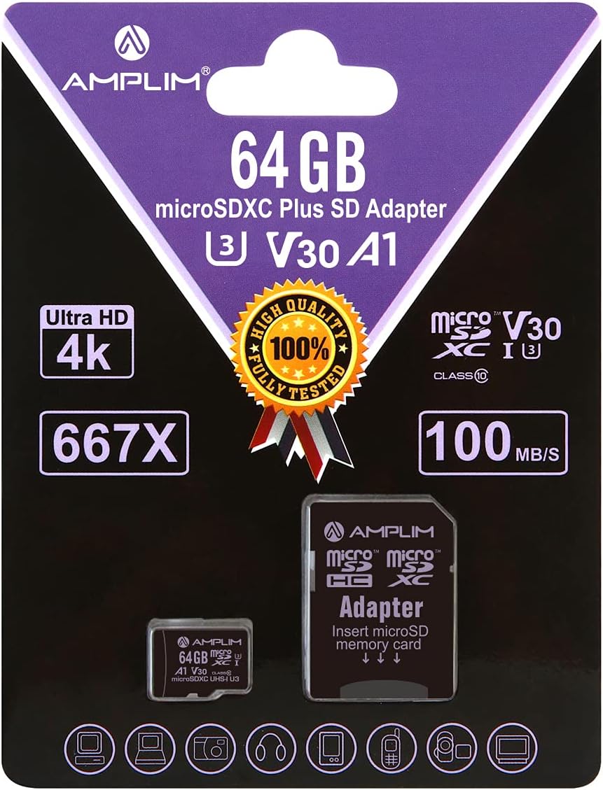 Amplim64GB Micro SD Card, Extreme High Speed MicroSD Memory Plus Adapter, MicroSDXC SDXC U3 Class 10 V30 UHS-I TF Nintendo-Switch, Go Pro Hero, Surface, Phone Galaxy, Camera Security Cam, Tablet