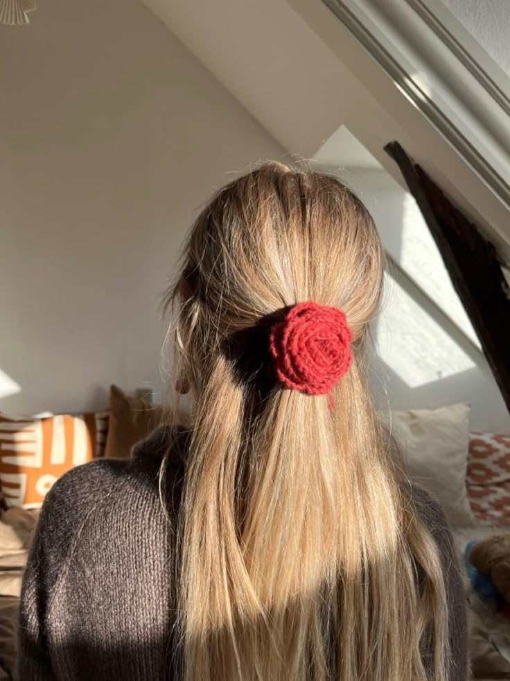 Handmade Crochet Rose Hair Tie, Maroon Floral Ponytail Holder, Knitted Wool Hair Accessory