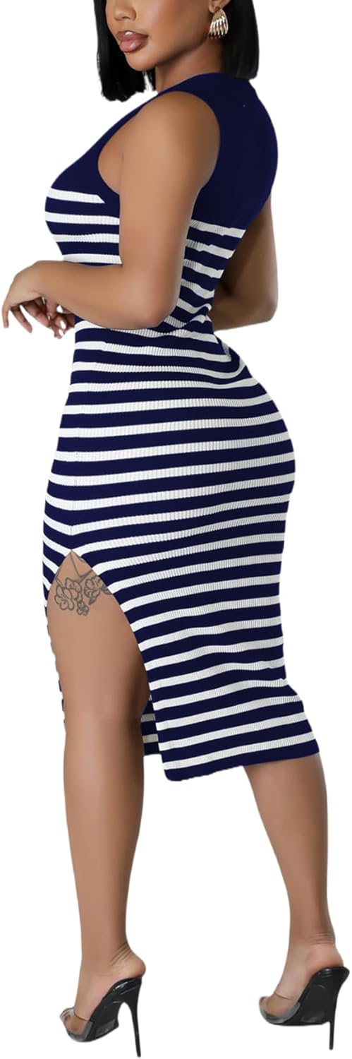 Women's Casual Ribbed Knit Bodycon Tank Dress Round Neck Sleeveless Slit Midi Dresses - Image 2