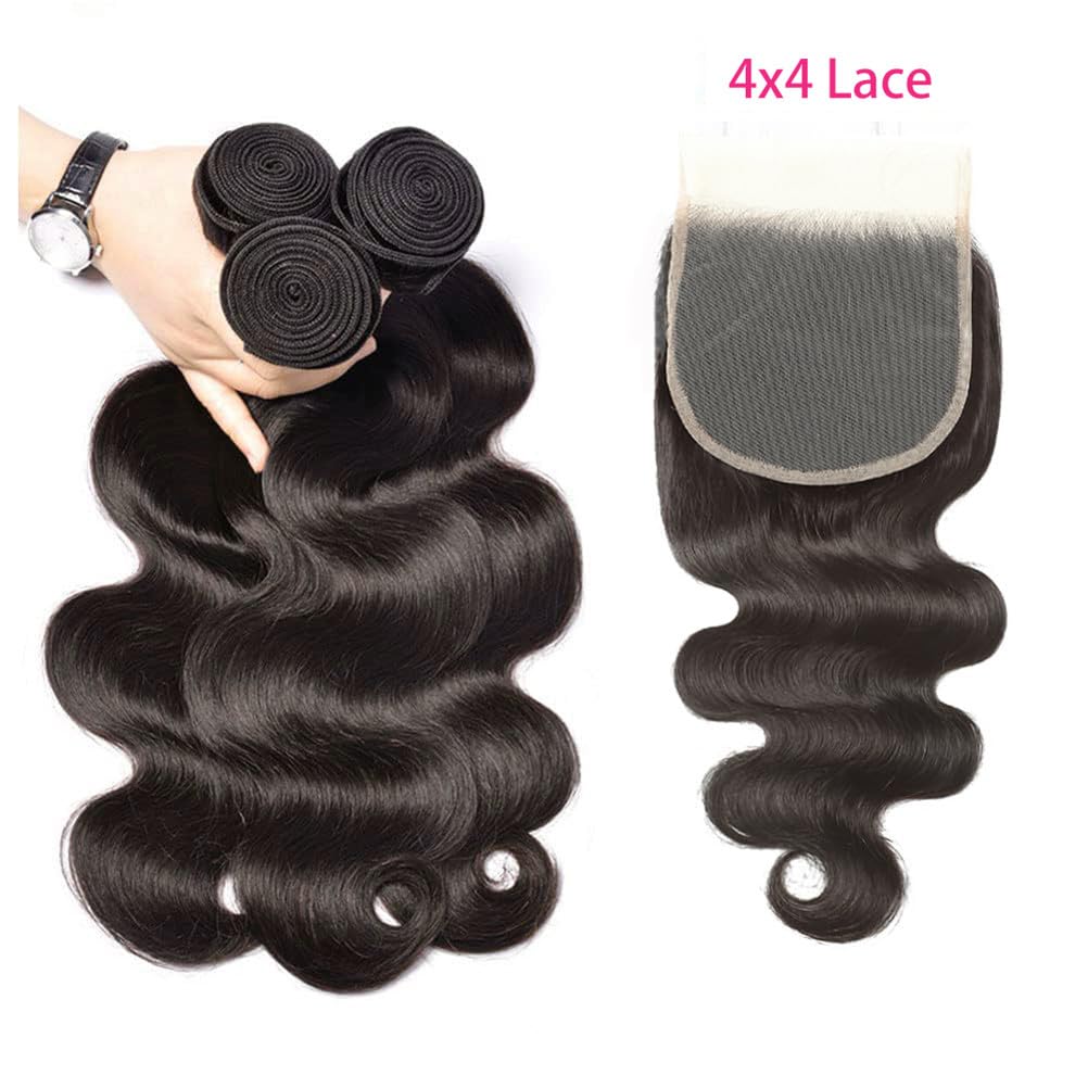 Human Hair Bundles with Closure 18 20 22+16 Inch Body Wave Closure with Bundles 100% Brazilian Virgin 3 Bundles Human Hair Weave with 4x4 Free Part Lace Closures Natural Black