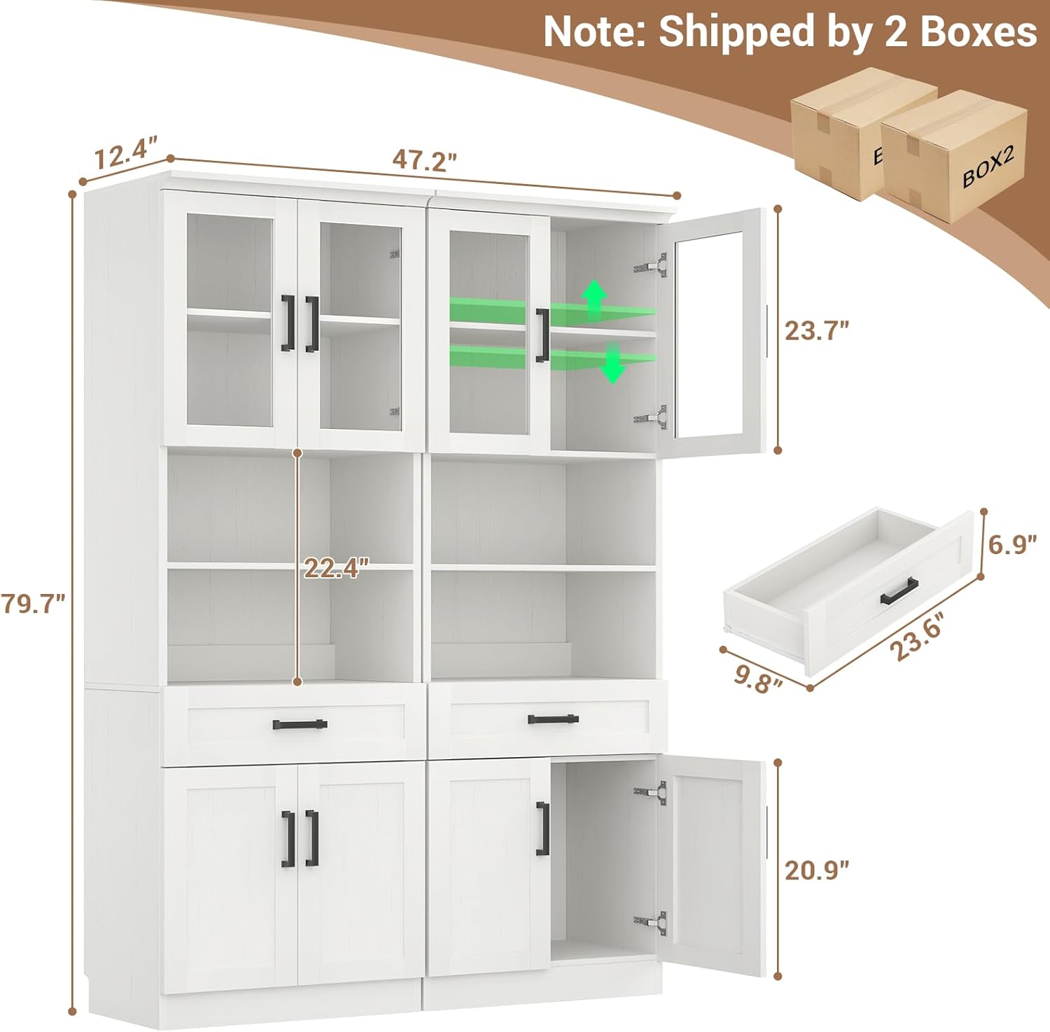 Unikito 79.7" Tall Kitchen Pantry Storage Cabinet, Freestanding Kitchen Hutch Cabinet with Glass Door, Adjustable Shelves and Drawer, Display Bookcase for Living Room, Dining Room, Bathroom, Black