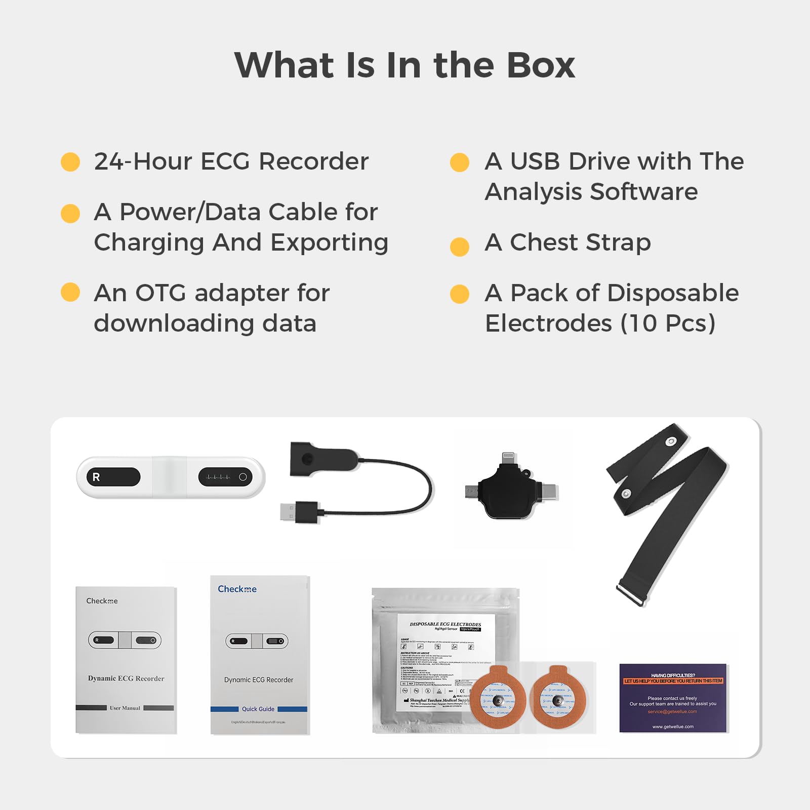 CheckMe ER1-LW Monitor ECG Portatile per 24 Ore per Uso Domestico, Analisi ECG AI Holter ECG con Schermo OLED, Funzione Marcatore Evento ECG, Compatibile con Elettrodi a scatto da 4 mm