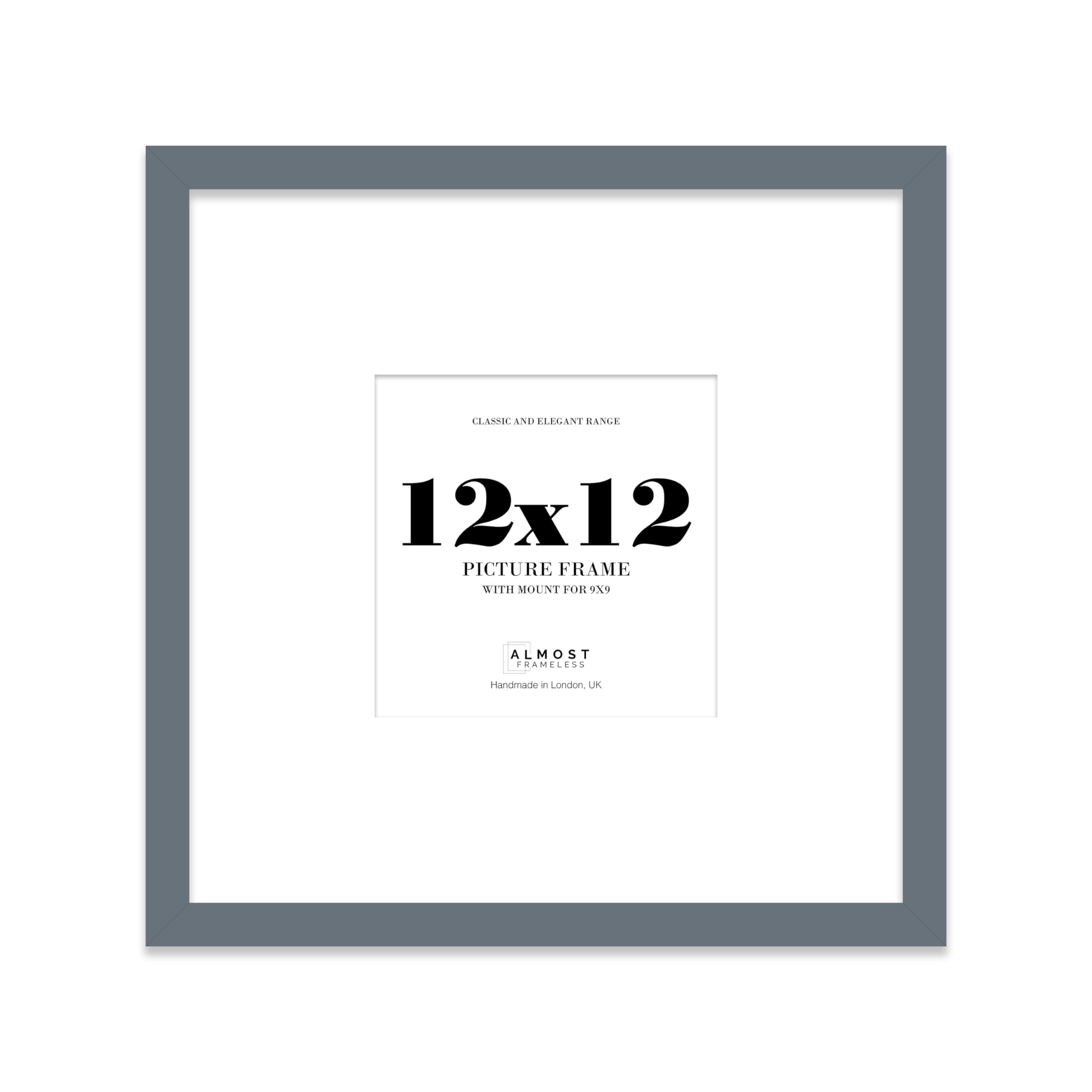 Almost Frameless 12x12 Square Picture Frame, Display Pictures 9x9 With Mat or 12x12 Without Mat, Wall Hanging & Free Standing Photo Frame, Grey, 1 Pack