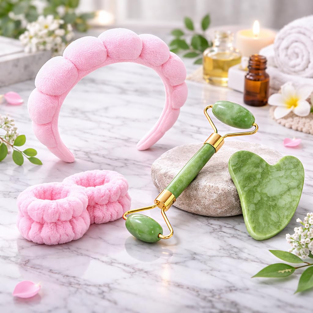 Facial Spa Headband & Wristband Set + Jade Roller & Gua Sha Combo | Soft Makeup Headband, Absorbent Wrist Washbands for Face Washing & Skincare | Natural Stone Face & Neck Massage Tools | Multi-Color-image-23