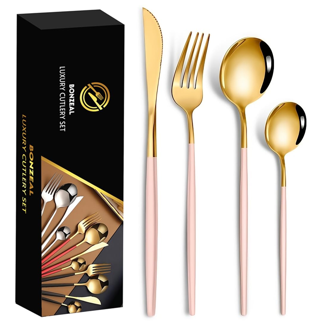 BonZeaL Gold Flatware Set - Luxury Stainless Steel for 12 -14