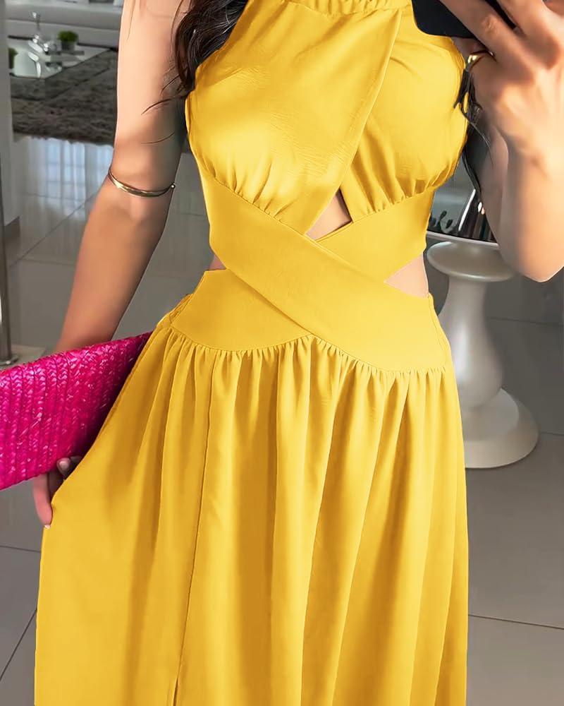 CHICME Women's Sleeveless Halter Neck Dress Criss Cross Tie Back Split High Maxi Dress - Image 5