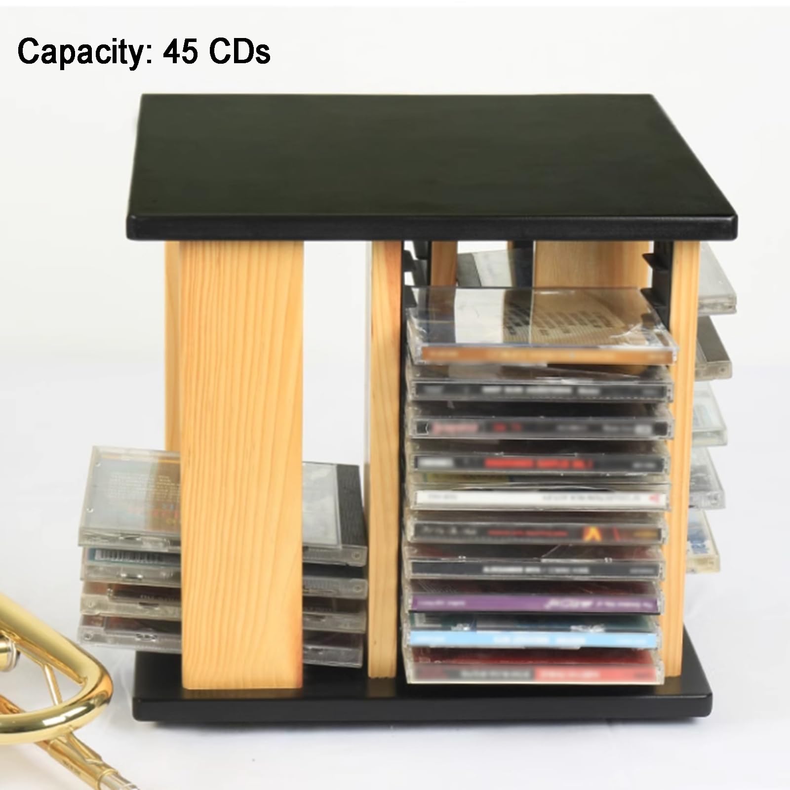 Porta CD Dvd da Scrivania, Organizer in Legno per CD, Ripiano Espositivo Girevole a 360° per CD, Ripiano di Finitura per Dischi, Contiene 45 Custodie Standard per CD, per Sala Cinema