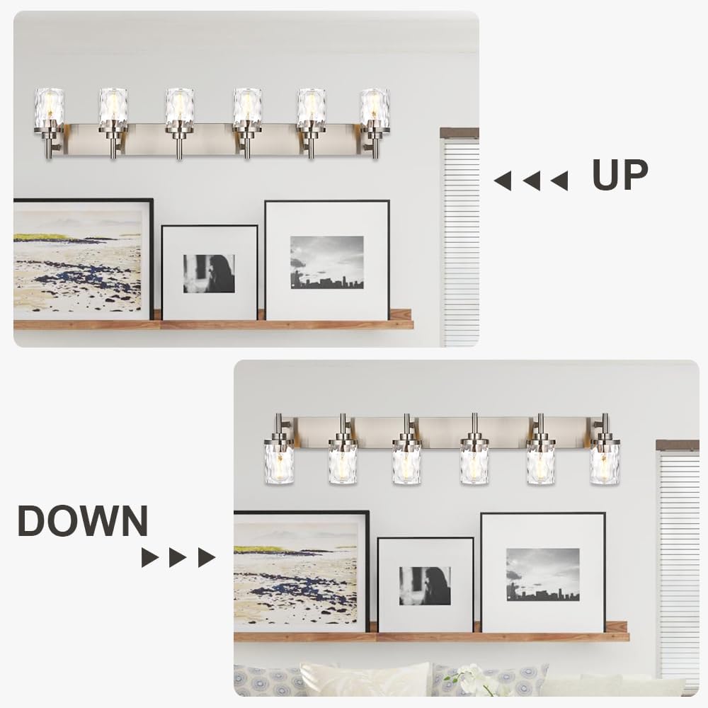 Bathroom Vanity Lighting Fixtures 6 Lights,Brushed Nickel Bathroom Vanity Lights with Clear Hammered Shade Wall Sconce Lighting Modern Farmhouse Bath Lighting