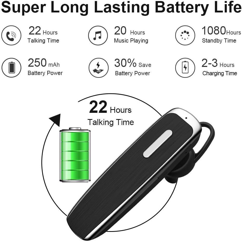 Bluetooth Earpiece for Cell Phone Link Dream Hands Free Bluetooth Headset with Mic 22Hrs Talk time Earpiece Compatible with iPhone Samsung Android Mobile Phones, Driver Trucker (Black)