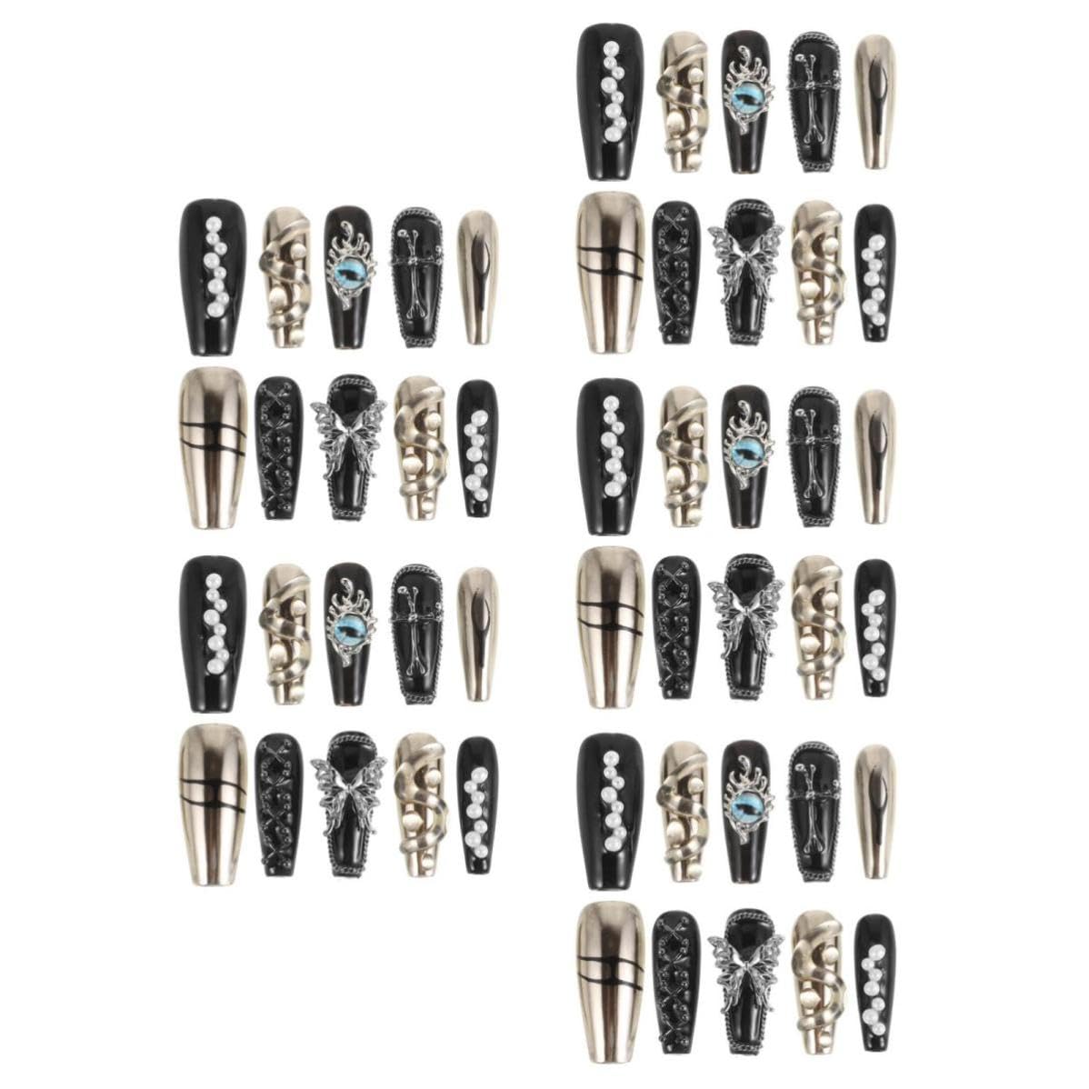Healvian 50 Pièces Press On Nails Noirs Longs Style Gothique pour Femmes,
