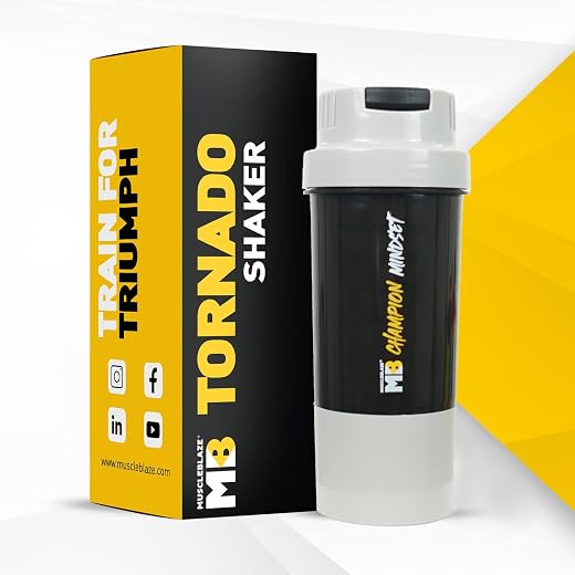 MuscleBlaze Tornado Gym Shaker (Grey, 500ml) | Sipper Bottle with Extra Compartment | Leakproof, BPA Free Protein Shaker| ...