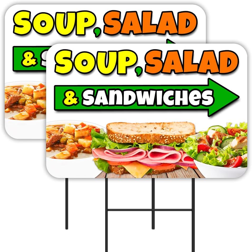 Soup Salad Sandwiches 2 Pack Double-Sided Yard Signs 16" x 24" with Metal Stakes (Made in Texas)