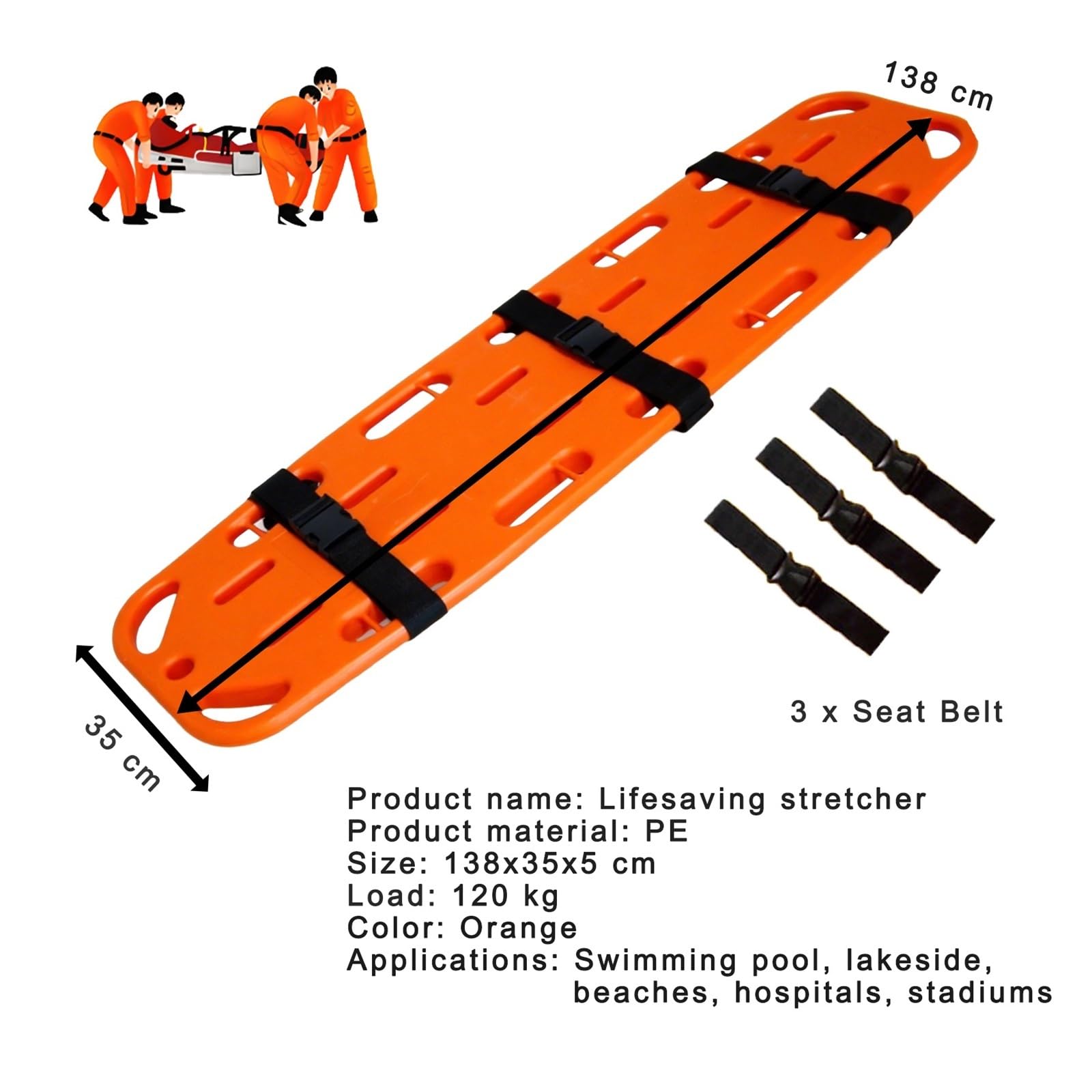 HAIXHX Spineboards Notfall-Rettungstrage Für Rettungsschwimmer, Schwimmendes Tragenbrett Für Schwimmbäder, Erste-Hilfe-Wirbelsäulentransferbrett Mit Immobilisationsgurtsystem(Orange)
