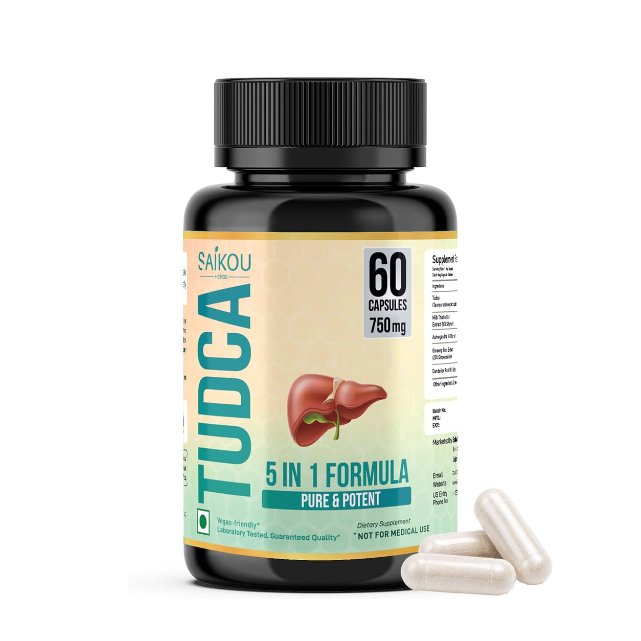 TUDCA (Tauroursodeoxycholic Acid) 750mg - 5 in 1 with Milk Thistle, Ashwagandha, Dandelion and Ginseng - 60 Servings
