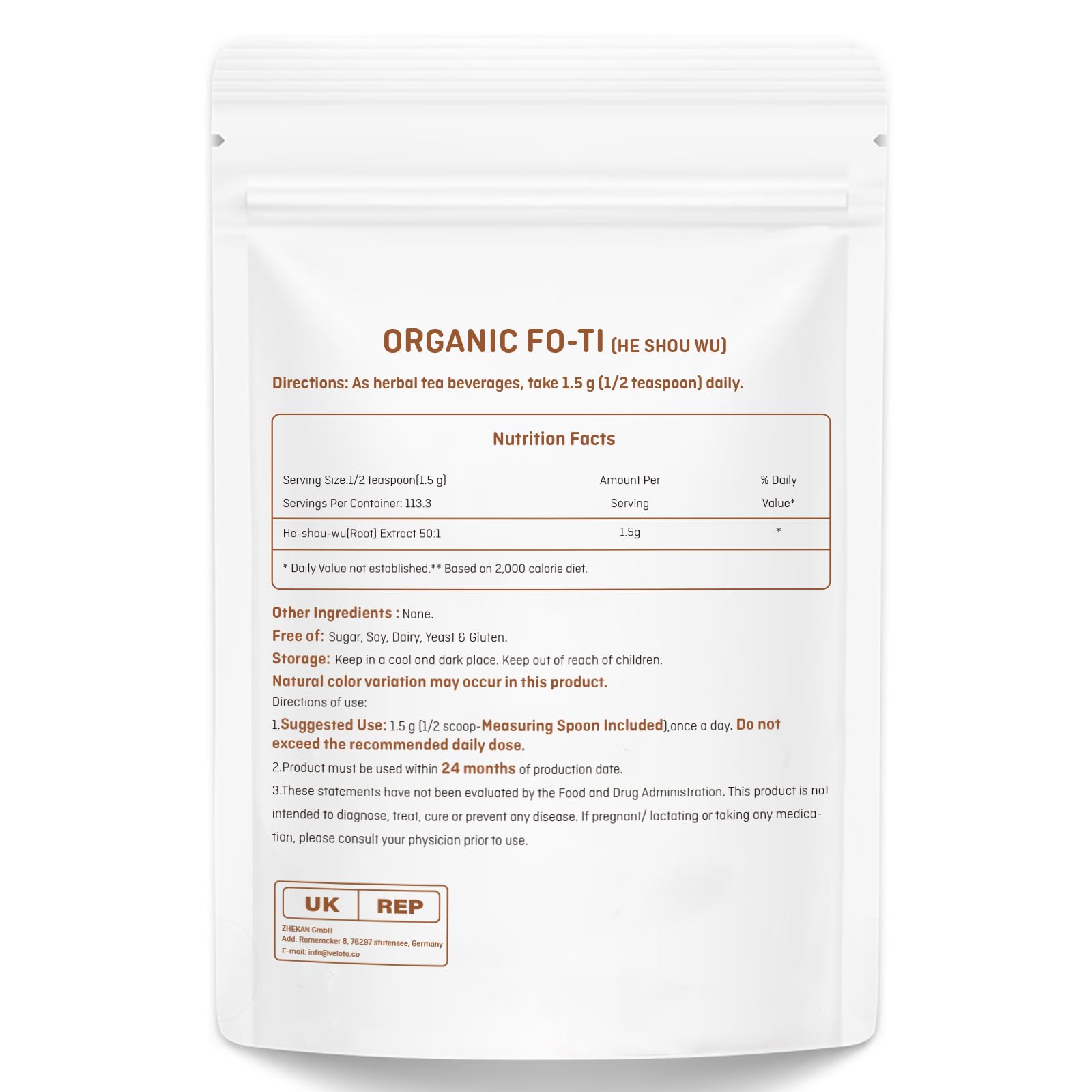 Poudre Organique de He Shou Wu, Extraits de Fo Ti, Herbe Tonique Riche en Nutriments et Antioxydants, Complément pour Soutenir l'Énergie, l'Humeur et le Système Immunitaire, Non-OGM, 170g