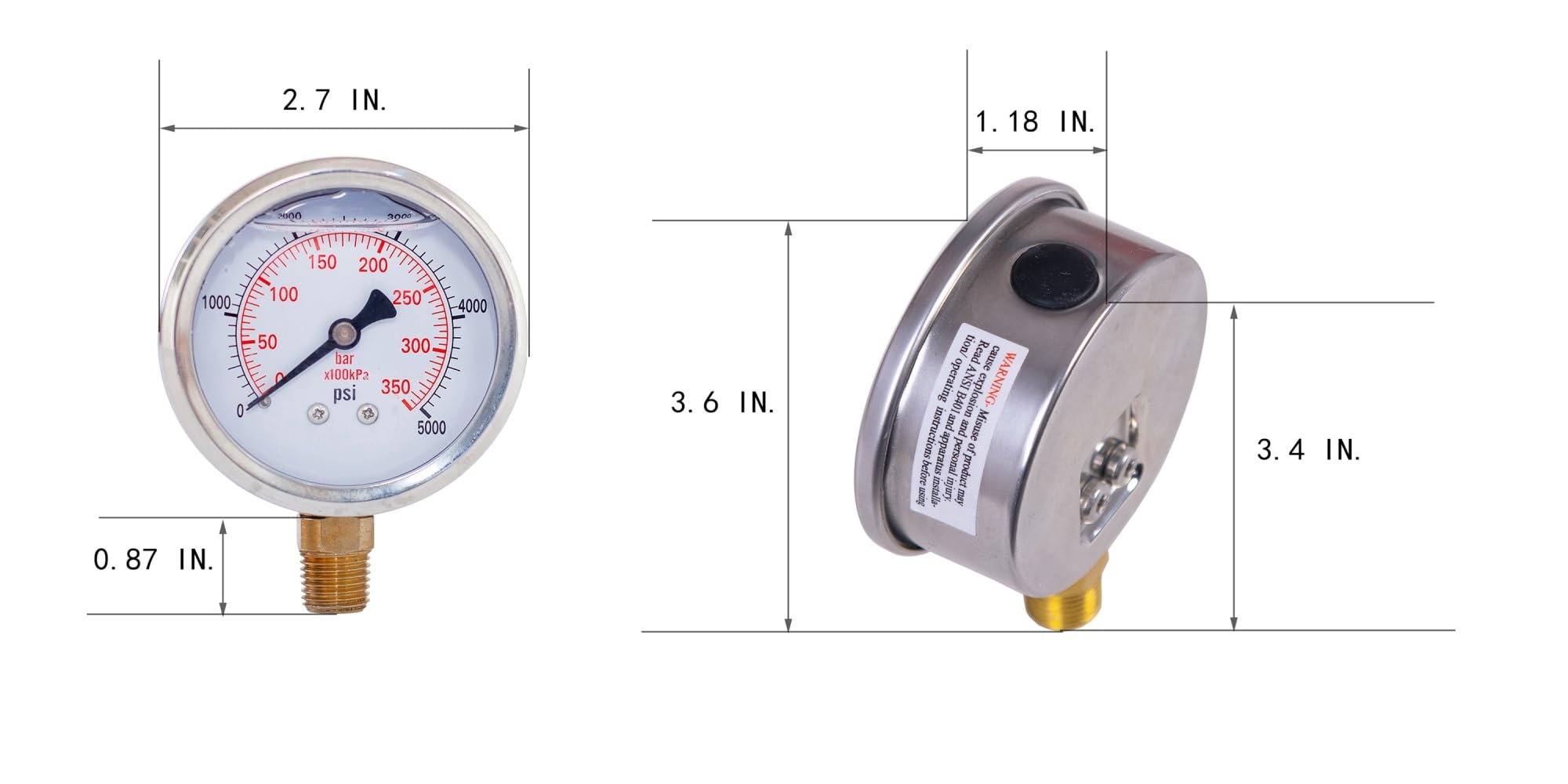 Manómetro lleno de glicerina 2,5" 1/4 montaje inferior 30, 60,100,160, 200, 300, 400,600,2000,3000,5000,10000(0-10000psi 0-700 bar)