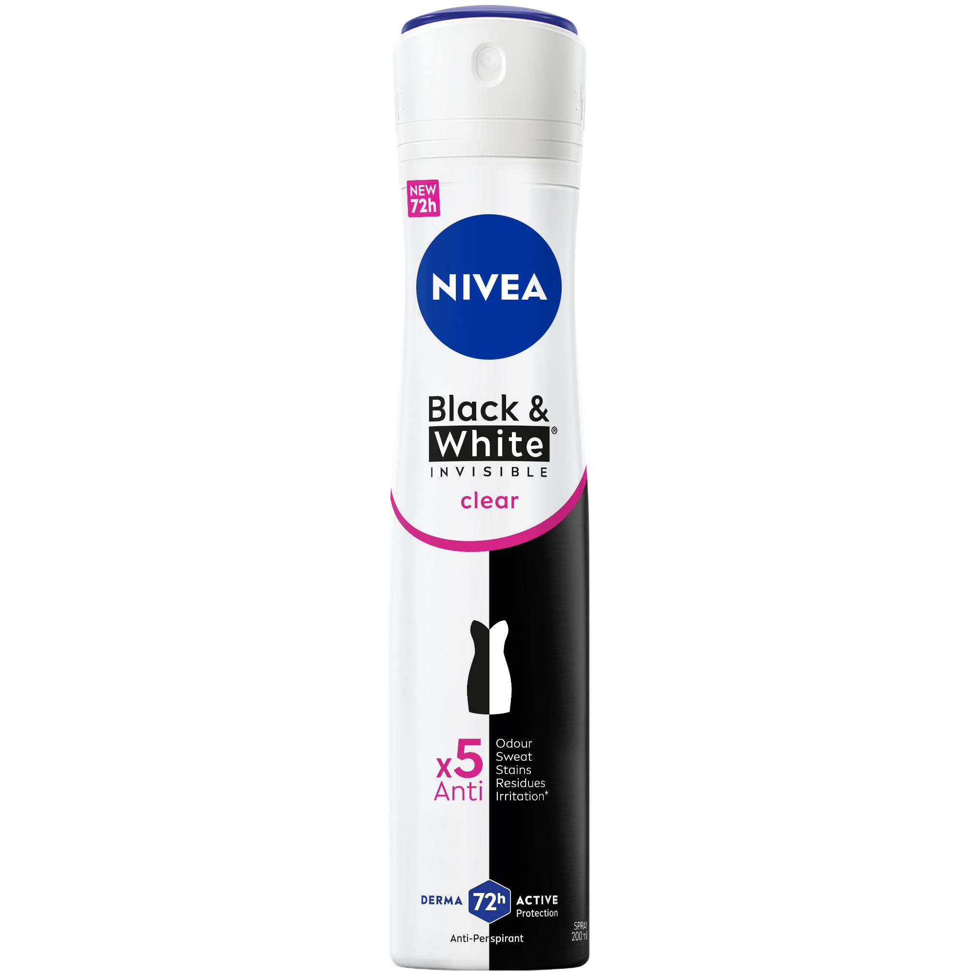 NIVEA Black & White Invisible Antiperspirant Deodorant Spray for Women, Clear, 72H Active Protection, 5IN1, Anti-Odour, Sweat, Stains, Residues & Irritation, 200ml