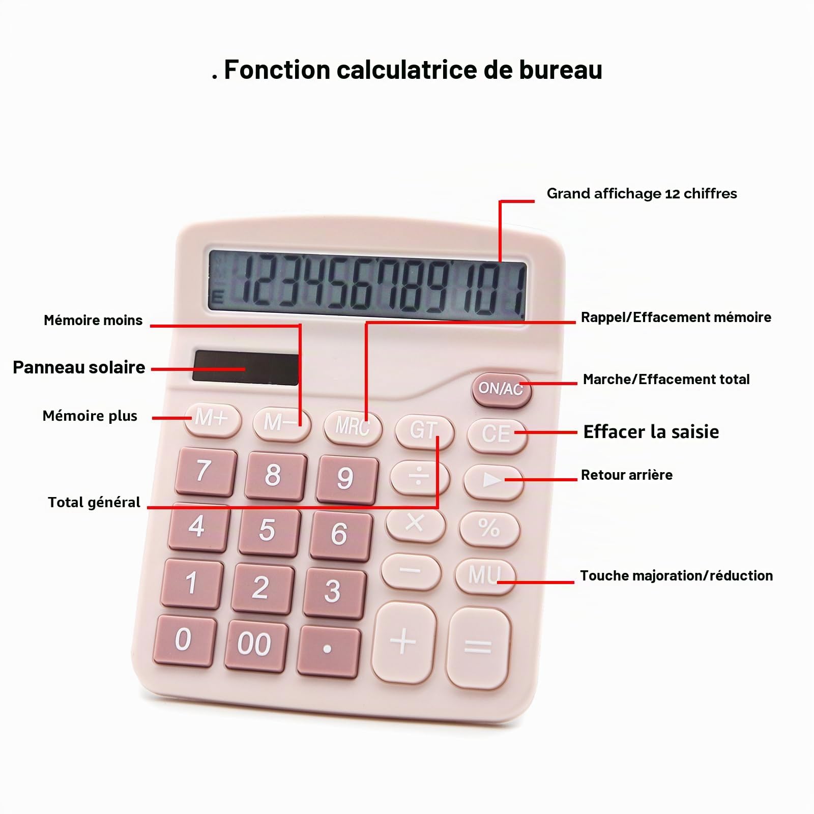 OFFIDIX Calculatrice de bureau à fonction standard double puissance calculatrice électronique 12 chiffres grand écran LCD (rose)