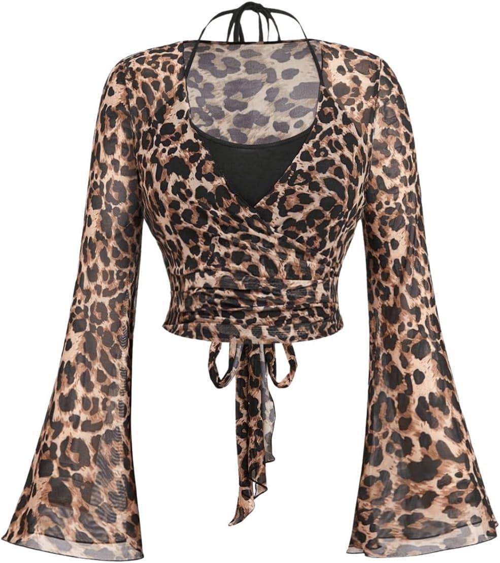 WDIRARA Women's Plus Size Leopard Halter Tops Mesh Long Bell Sleeve Tie Back T Shirts