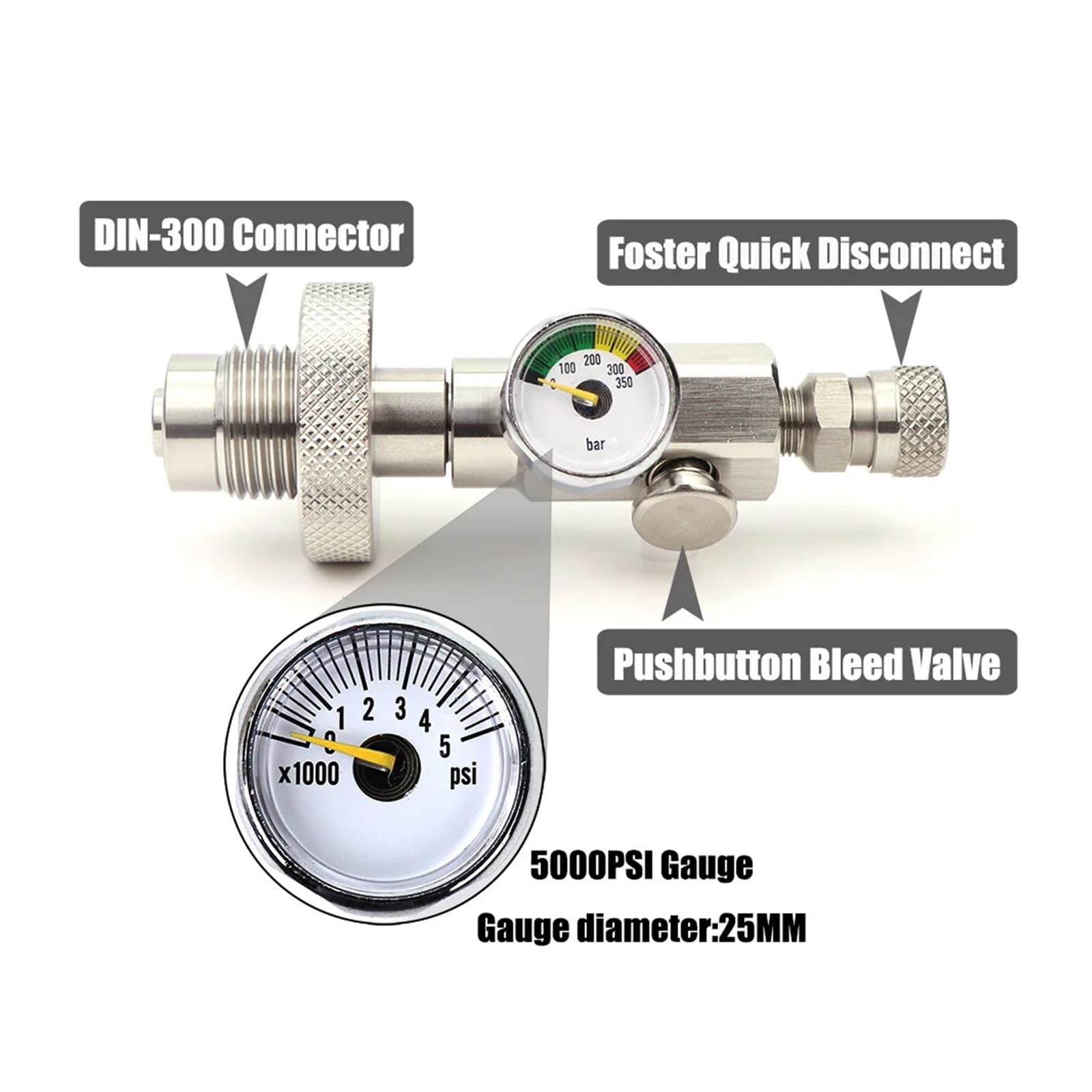 DIN300 5/8 Britischer Rohrverbinder mit Manometer und Druckventil, Nenndruck 300 Bar(Gauge-5000PSI)