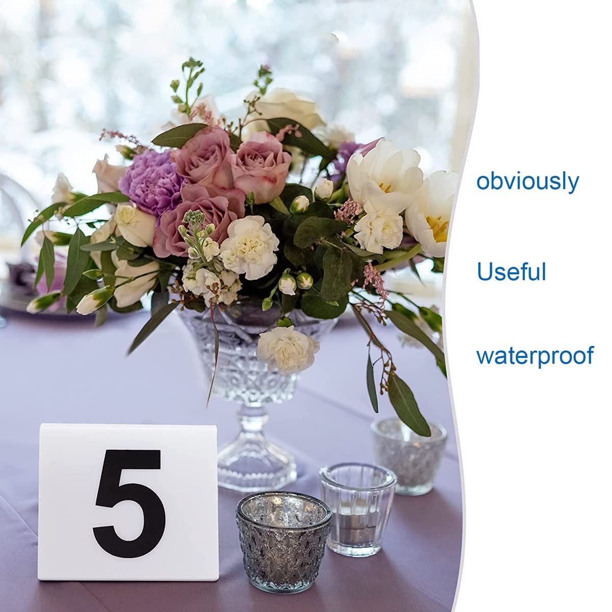 Tarjetas de acrílico para Colocar números de Mesa (1-30/60, 63 x 55 mm), Etiquetas de Doble Cara para Colocar Asientos de Mesa, letreros Flexibles para restaurantes (1 a 60, Blanco)
