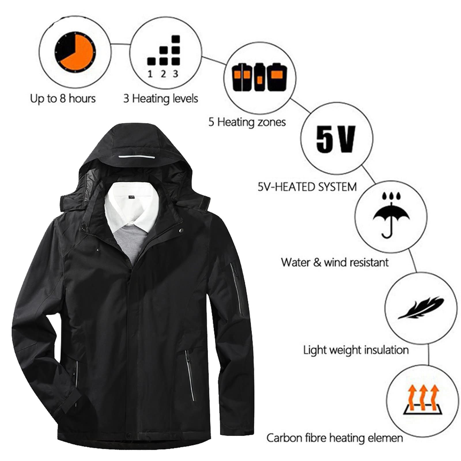 Generisch Chubasquero ligero para mujer Charging Soild Hat Chaquetas Senderismo Calefacción con Área Desmontable Chaquetas Terciopelo Calefacción USB Cálido 3 Color a Prueba de Viento Abrigo