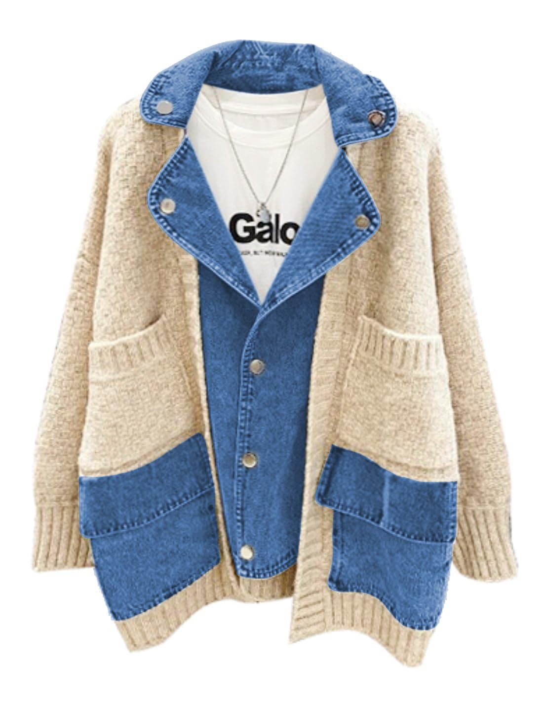 FindThy Womens Trendy Button Up Cardigan Long Sleeve Color Block Jean Cardigan Coats