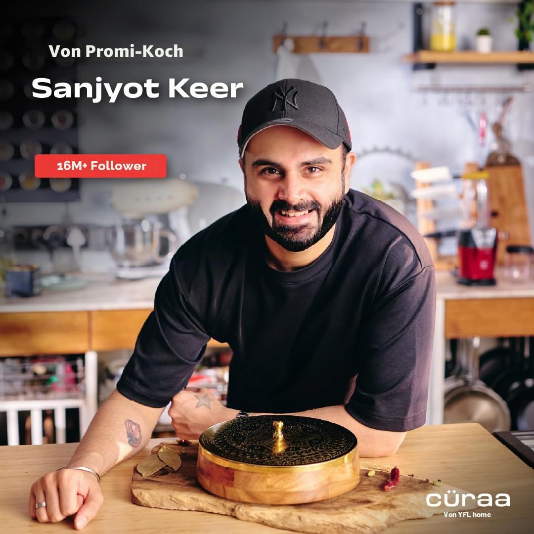 CÜRAA YFL Home Gewürzbox für Küche mit Löffel (Akazienholz, 7 herausnehmbare Behälter, 120ml) | Masala Box für Küche | Gewürzaufbewahrungsbox | Stilvolle Masala Dani für Geschenk