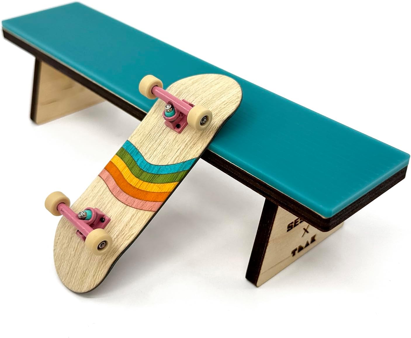Teak Tuning x Session Wooden Fingerboard Obstacle - The Bench, Baltic Birch Wood with Teal Acrylic Surface, 7 7/8 x 1 3/4 x 1 3/4 Inches