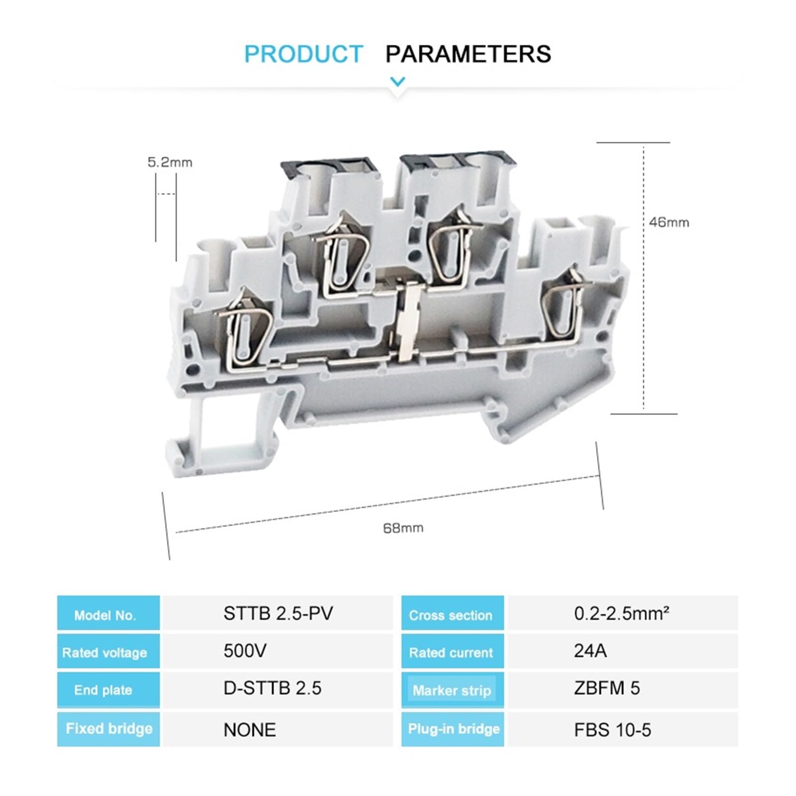 STTB 2.5-PV Morsettiera a doppio livello Collegamento equipotenziale Connettore a molla for guida DIN da 2,5 mm² STTB2.5-PV elettrico(STTB2.5-PV Grey)