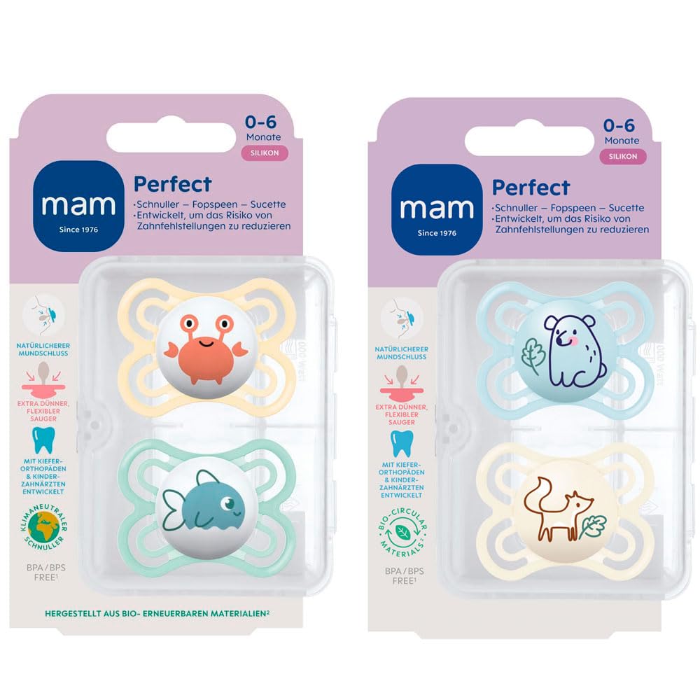 MAM Skin Soft Silicone Dummy Perfect 0-6, Set of 4, Includes 2 Sterilising Transport Boxes, Dento-Flex - Image 2