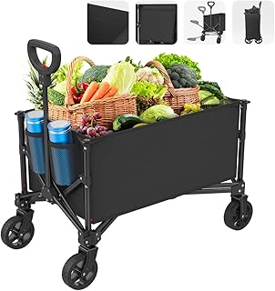 Collapsible Wagon, Folding Wagon Garden Cart Heavy Duty with Side Pocket and Terrain Wheels, Large Capacity Foldable Grocery Beach Wagon for Garden Sports Camping Shopping (Black)