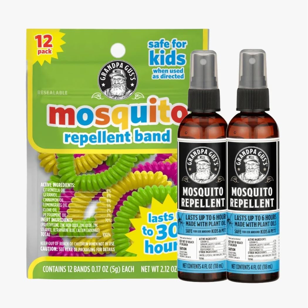 Grandpa Gus's Natural Mosquito Repellent Spray, 4 oz (Pack of 2) Bundled with 12 Mosquito Repellent Bands, DEET-Free, Outdoor Beach Camping Essentials