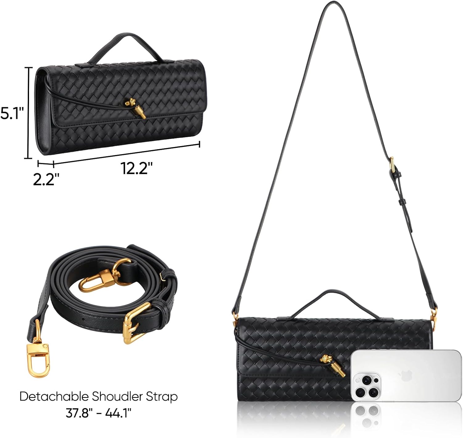 Pu Leather Evening Bag For Women,Woven Black Clutch Purse, Wedding Woven Purse Bag 11.8" x 1.7" x 4.9" - Image 5