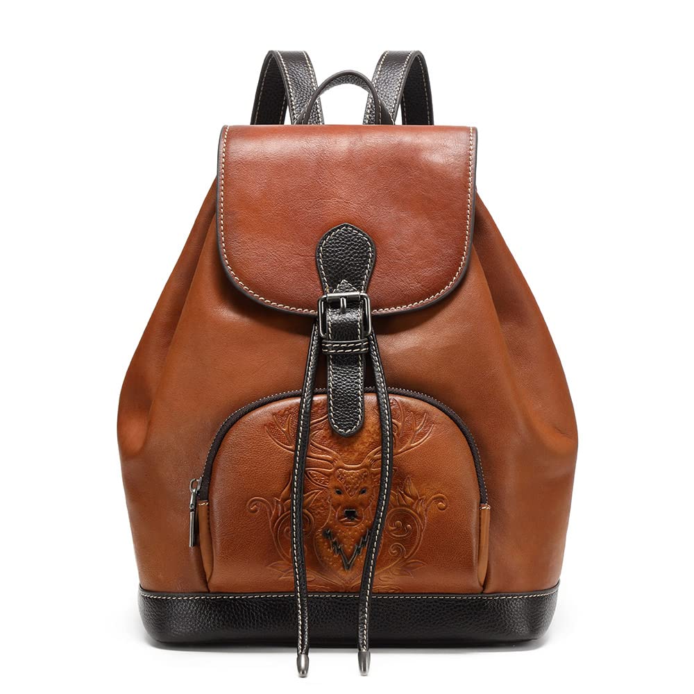 EBESA Women Vintage Genuine Leather Backpack Purse Fashion Rucksack Practical and Stylish Retro Daypack Bag (orange brown)