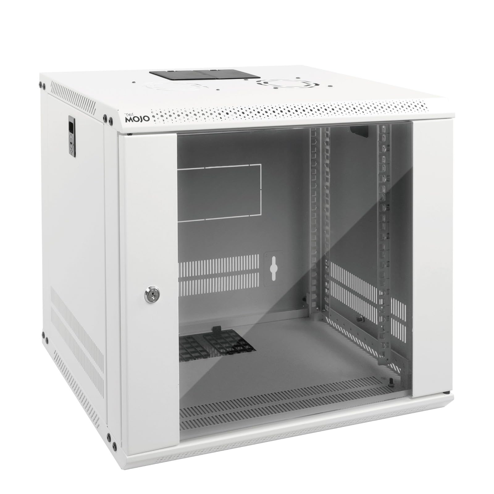 Diagram showing the dimensions of the 9U server cabinet: Height 19.0 inches (483mm), Depth 17.7 inches (450mm), Length 21.7 inches (550mm). Also lists key features like 9U rack space, 110lbs (50kg) weight capacity, reversible locking glass door, heavy duty cold rolled steel, and EIA/ECA-310-E compliance.