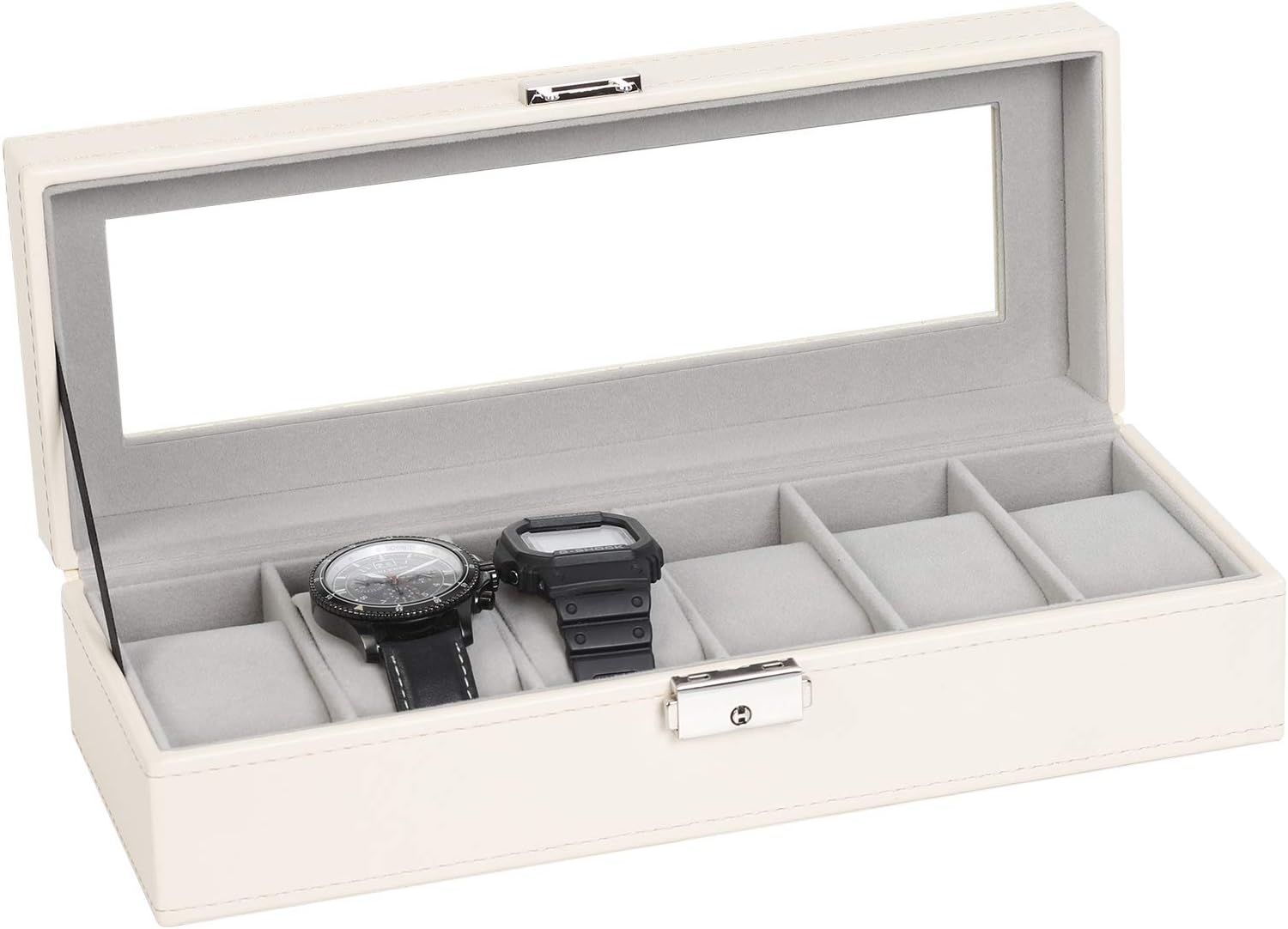 NEX Watch Case, 6 Slot Leather Watch Box Display Case Organizer Glass Jewelry Storage
