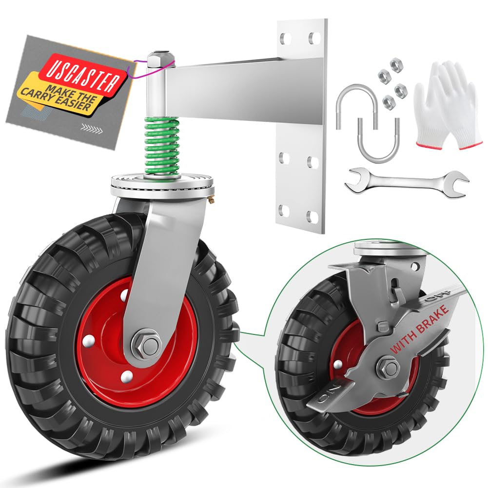 Uscaster Gate Wheel 8inch Fence Gate Wheels with Brake for Metal Tube Gate 600lb Capacity 360 Degree Rotation Spring-Loaded Heavy Duty Gate Caster